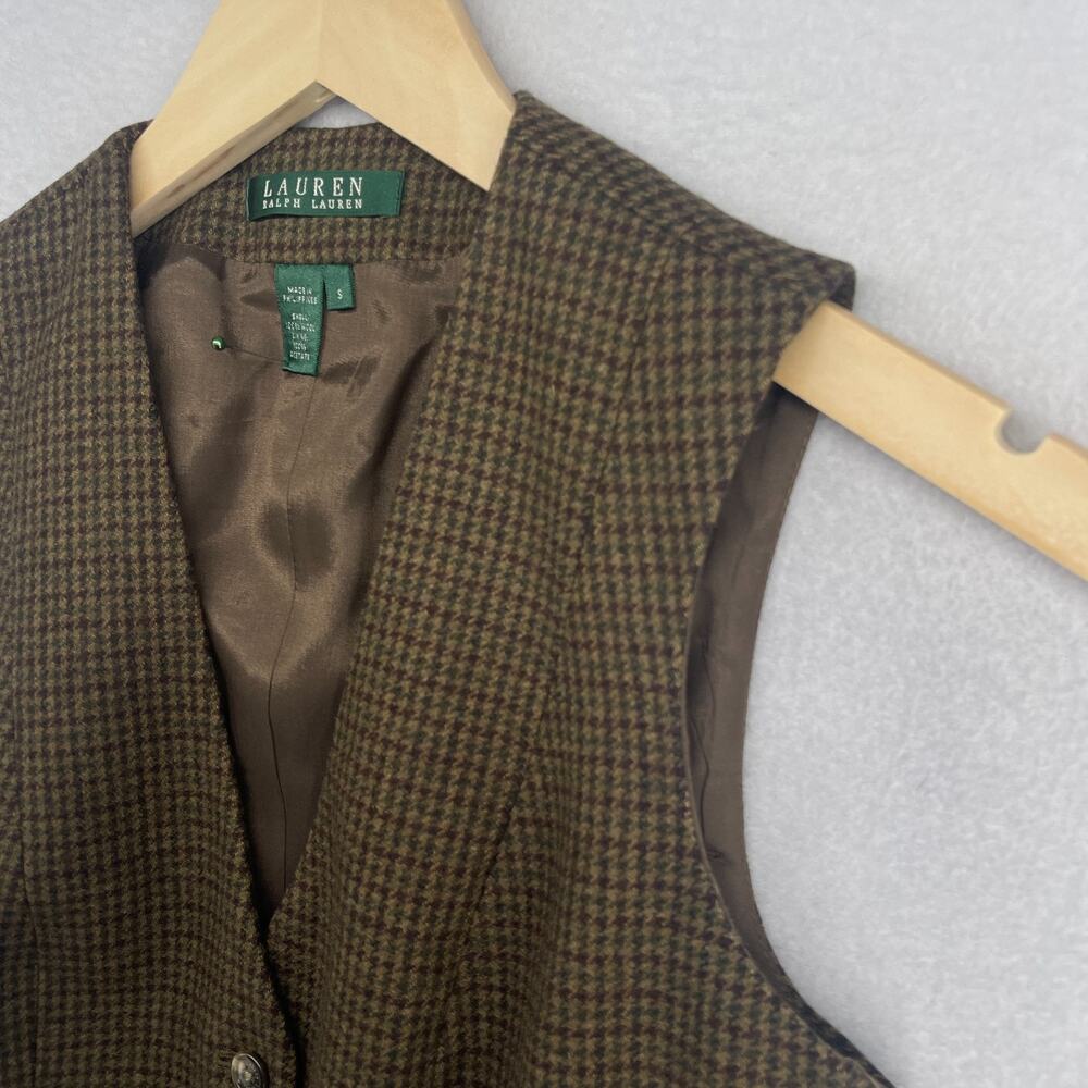 LAUREN RALPH LAUREN Vest S Wool Tweed Houndstooth Waistcoat Suit Button Up Brown - Picture 2 of 12